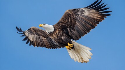Obraz premium A majestic bald eagle soars gracefully through a vibrant blue sky with wings outstretched in powerful flight.