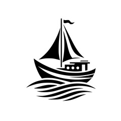 A stylized black and white illustration depicting a sailboat at sea, with bold lines and minimalist design, evoking a sense of serenity and nautical themes.