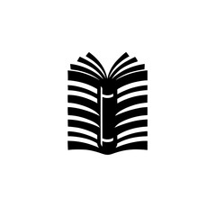A stark, high-contrast minimalist logo of an open book rendered in black, showcasing pages, spine, and a simple, modern aesthetic against a clean white background.
