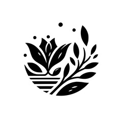 Stylized monochrome logo design featuring a floral arrangement within a semi-circular frame, evoking organic elegance.