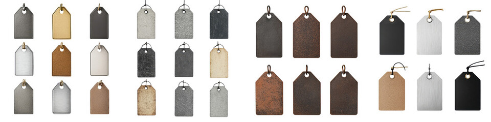 A diverse assortment of rectangular and square product tags and labels in a range of neutral colors including beige brown gray black and white featuring different materials such as cardboard paper