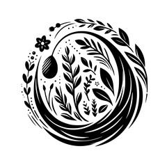 Intricate Floral and Foliage Circle Composition in Bold Black and White, Showcasing Delicate Botanical Forms and Abstract Swirls, Evoking Nature's Elegance.