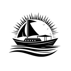 Black and White Stylized Nautical Logo Featuring a Sailboat, Sunburst Background, and Water Elements.