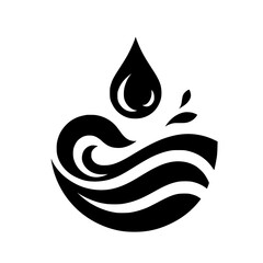 Monochromatic, minimalist logo featuring a stylized water drop above swirling waves, emphasizing fluidity and purity in a circular composition.