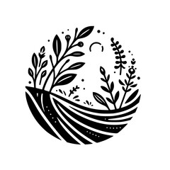 Circular Black and White Illustration of a Botanical Landscape: Serene Vines and Foliage Encapsulated in a Geometric Design