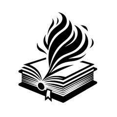 A stylized black and white illustration depicting an open book with emanating, stylized flame or smoke, symbolizing knowledge and creativity.