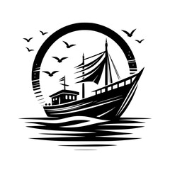 A stylized black and white illustration of a sailboat sailing in a circle on the sea, surrounded by soaring seagulls.