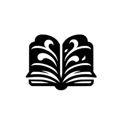 A stylized open book silhouette with intricate, floral-inspired patterns filling the pages, set against a stark white background.