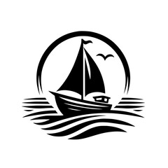 A Stylized Black and White Nautical Logo Featuring a Sailboat on Wavy Seas, with a Circular Sun and Flying Seagulls.