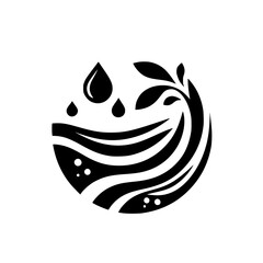 A Stylized Black and White Emblem Depicting Water, Droplets, and Plant Life Within a Circular Composition, Symbolizing Nature's Harmony.