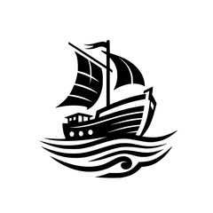 Vector illustration of a stylized black sailing ship on wavy water, with a white background, embodying a nautical theme with a minimalist design.