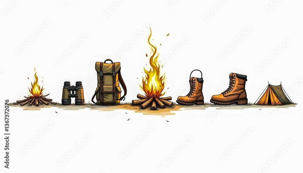 Poster a series of images of camping gear and a fire. the images are arranged in a line, with the first ima