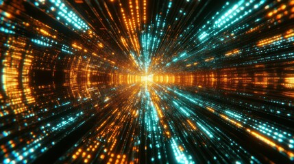 Abstract infinity tunnel with glowing lines in cyan and orange colors