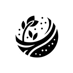 Stylized black and white circular logo featuring a sprouting plant with leaves, swirling lines, and dotted details suggestive of growth and nature within a globe.