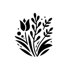 Elegant Black and White Floral Design featuring a Tulip, Leaves, and a Cluster Arrangement with a Minimalist Aesthetic on a White Background.