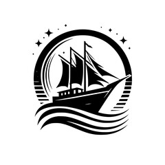 Elegant black and white logo design showcasing a sailing ship, encircled by a decorative border with stars, on wavy lines against a white background.
