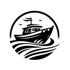 A stylized, minimalist monochrome illustration of a fishing boat traversing waves within a circular frame, suggesting maritime activities.