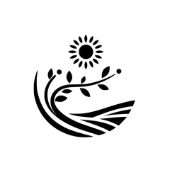 Elegant black and white logo design, featuring a stylized sun, growing branch with leaves and berries, and an abstract landscape element.