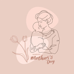 Mother gently embracing her child, adorned with tulips, presented in a hand drawn continuous line art style. Suitable for Mother's Day card design.