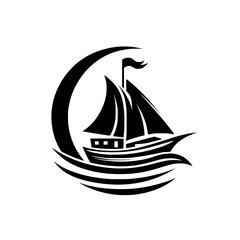A stylized black and white illustration depicting a sailboat traversing wavy waters beneath a crescent moon, suggesting a journey.