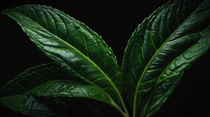 Fototapeta premium Close-up of vibrant green leaves against a dark background, highlighting their intricate texture and natural beauty.