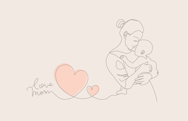 A minimalist Mother's Day design in a hand drawn line art style, featuring a mother gently embracing her child with hearts.  Vector illustration.