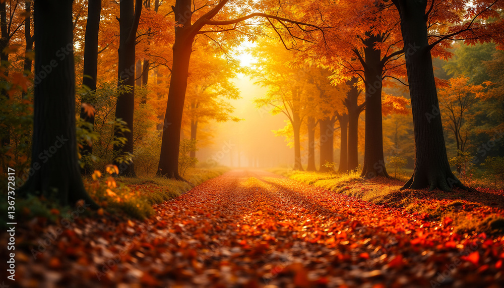 Poster a path through a forest with trees in autumn. the leaves are orange and the sun is shining through t