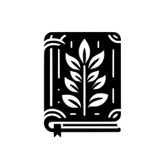 A stylized black and white illustration of a book featuring a central leafy branch, evoking knowledge and nature.
