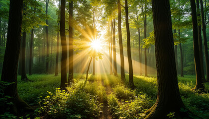 Fototapeta premium A forest with a sun shining through the trees. The sun is bright and the light is shining through the trees