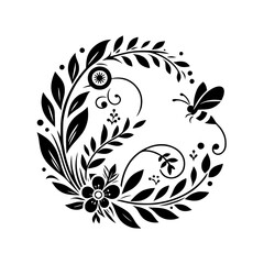 Circular Black and White Floral and Bee Motif, Featuring Leaves, Blossoms, and a Stylized Insect, on White Background.