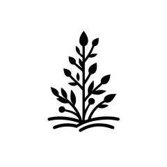 Elegant Black Ink Illustration of a Stylized Sprout in a Minimalist Composition, Against a White Backdrop, Evoking Growth.