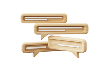 Wooden speech bubbles symbolizing communication and connection in a modern, minimalistic design isolated on transparent background