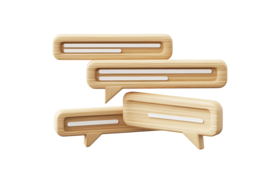 Wooden speech bubbles symbolizing communication and connection in a modern, minimalistic design isolated on transparent background