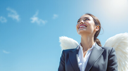 Young businesswoman in a business suit with white wings symbolizing the beginning of a new path or startup against the background of a blue sky