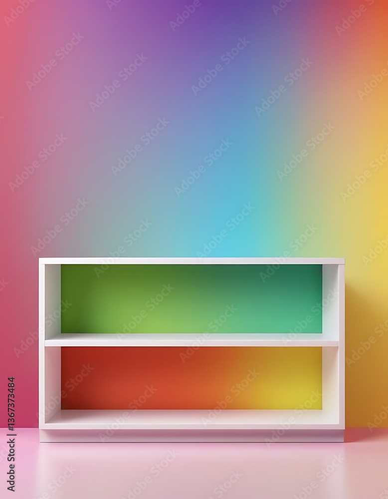 Poster front view of empty shelf on abstract rainbow gradient multi colors background with colorful concept