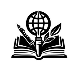 Symbolic black and white illustration featuring an open book beneath a stylized globe pierced by a pen and flanked by leaves, representing knowledge and global communication.