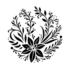 Intricate Black and White Floral Mandala, Illustrating a Circular Arrangement of Leaves, Berries, and Blossoms. A Symbol of Harmony and Nature's Beauty.