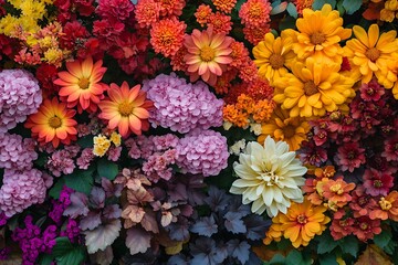 A border of autumn flowers in rich, warm colors, like mums and asters