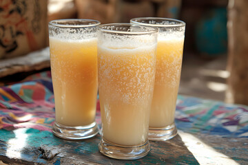 Refreshing Mauritanian Zrig, A Trio of Frothy Beverages in Elegant Glasses