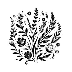 Intricate Black and White Floral Illustration: A Circular Arrangement of Stylized Leaves, Flowers, and Decorative Elements, Isolated on a White Background.
