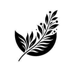 Fototapeta premium Elegant minimalist black and white botanical illustration, a leafy branch emanating from a crescent moon shape, creating a balanced and serene composition.