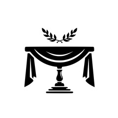Elegant black and white stylized illustration of a draped pedestal table beneath a laurel wreath, evoking classic design and sophistication.