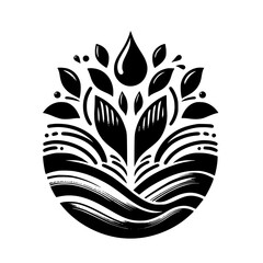 Stylized Black and White Floral Emblem: Water Droplet Fountains from Leaves.