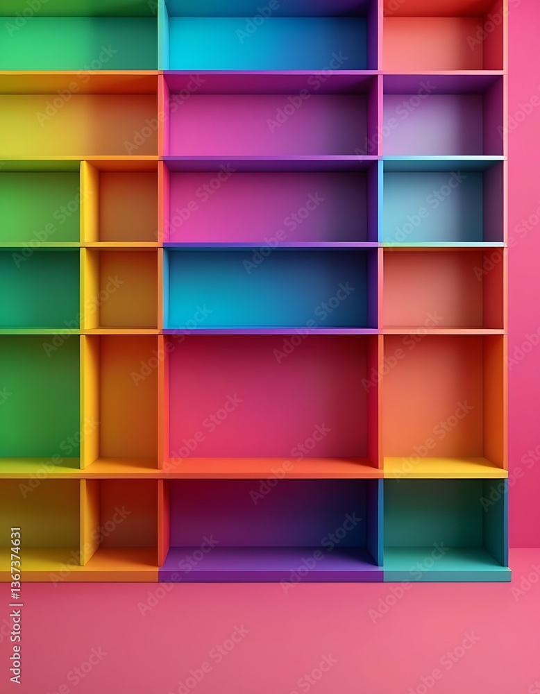 Poster front view of empty shelf on abstract rainbow gradient multi colors background with colorful concept