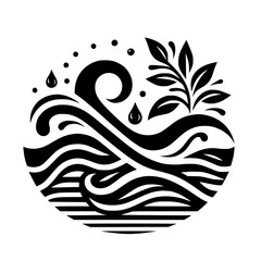 Stylized Black and White Circular Composition: Waves Converge, Rain Falls, Plant Sprouts Amidst Nature's Embrace.