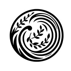 A minimalist black and white circular emblem featuring stylized waves and delicate sprigs, evoking natural energy and harmony.