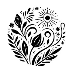 A stylized black and white floral design in a circular composition, featuring leaves, flowers, and a sunburst, evoking a sense of natural beauty and simplicity.