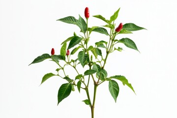 Vibrant chili pepper plant thriving with red fruits against a crisp white backdrop isolated on transparent background