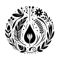 Circular Black and White Botanical Illustration Featuring a Central Tear-Shaped Element and Surrounding Leaves, Flowers, and a Butterfly