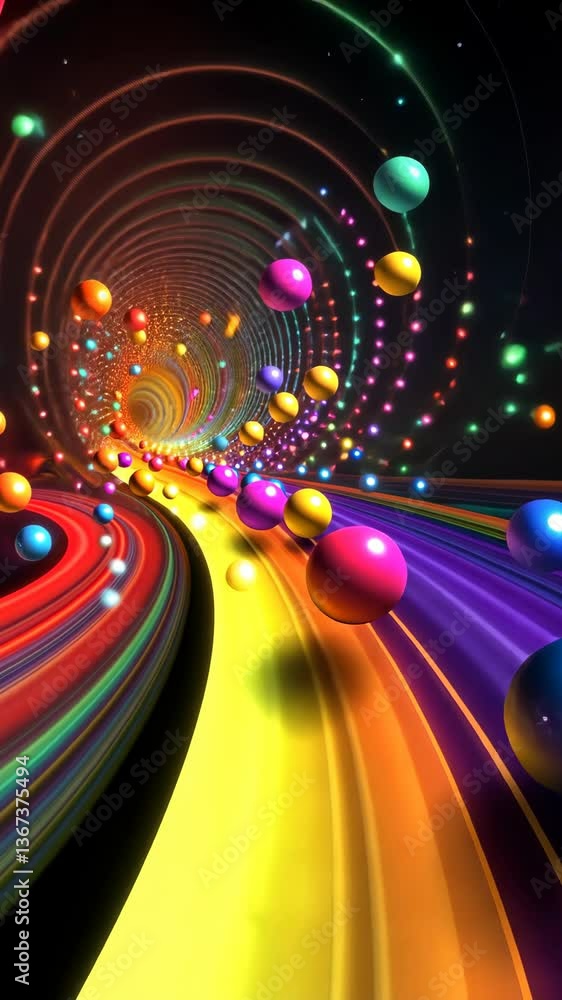 Poster vibrant swirling tunnel filled with colorful spheres and light patterns moving rapidly through a mul